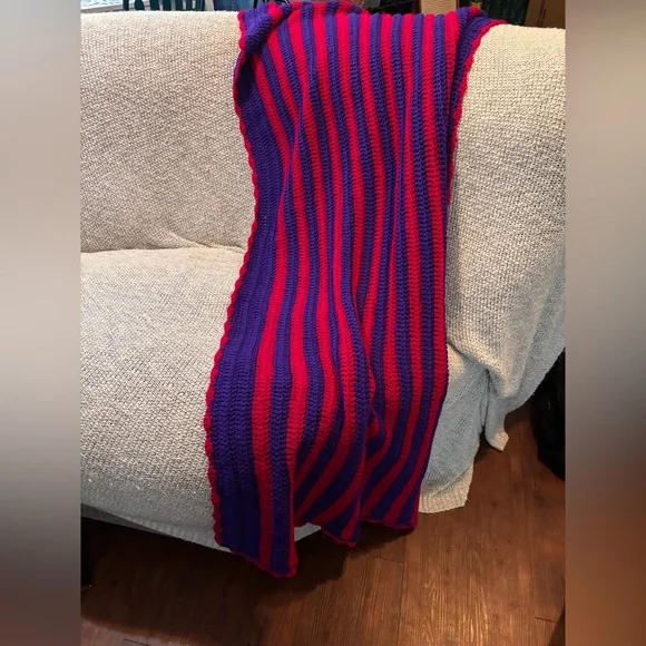 Vintage 1990s Handmade Crochet Blanket Red Purple Stripe 85”x42” - Picture 5 of 5